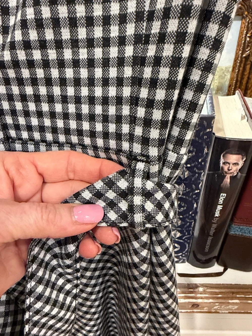 Calvin Klein Black and White Gingham Midi Dress with Waist Tie - Picture 8 of 9